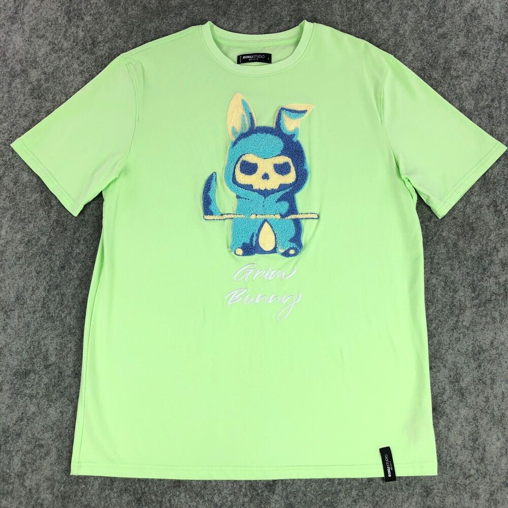 Roku Studio Mens Shirt Large Green Grim Bunny Graphic Short Sleeve Cotton NWOT
